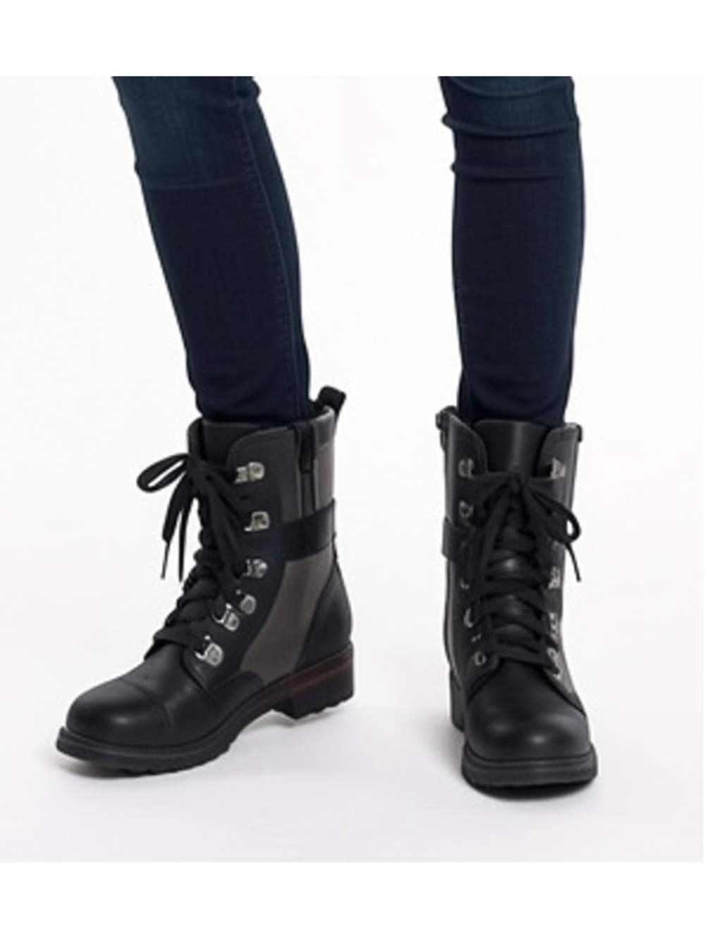 Sorel Major Carly Black Leather Canvas Moto Combat Boots Womens Size 6.5